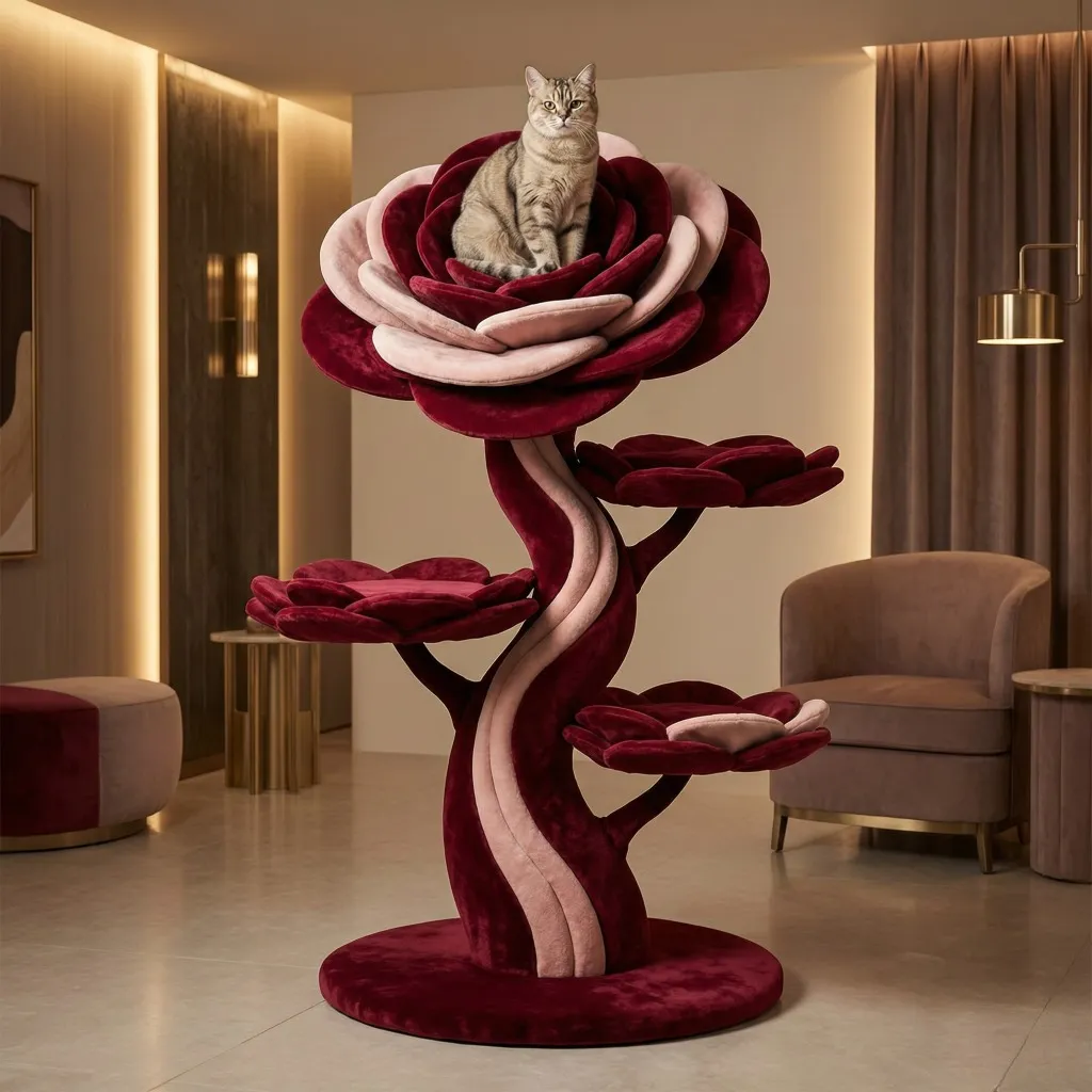 flower-themed cat climbing tree
