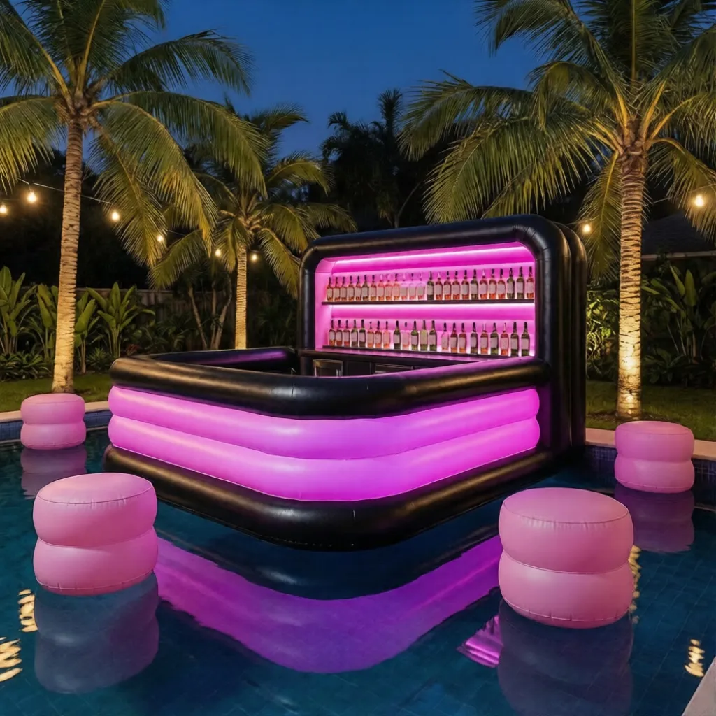 setting up drinks and barware on an inflatable pool bar