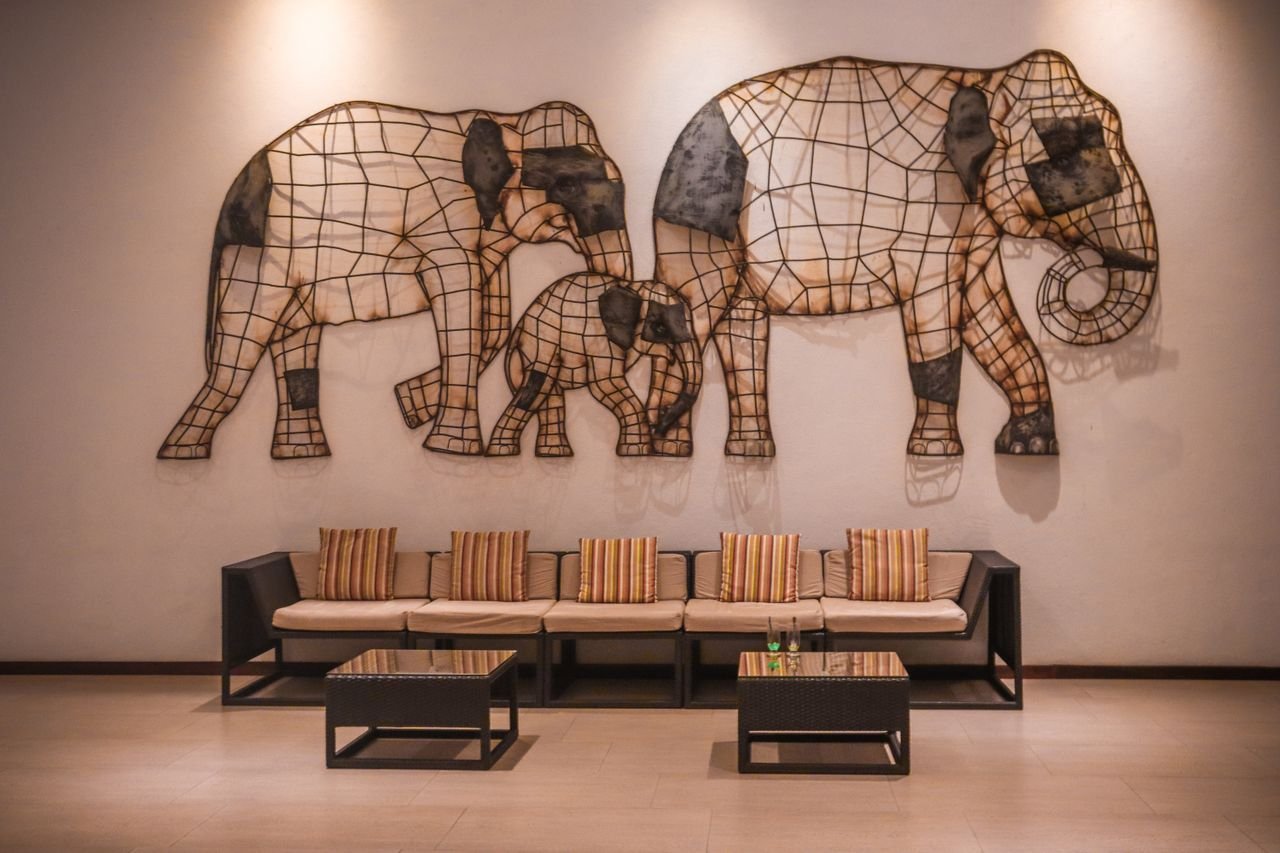 Modern waiting room with elephant wall art and comfortable seating area.